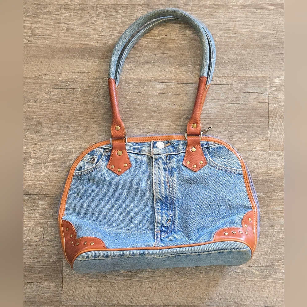 Vintage Levi Denim Mini Tote with Brown Leather Trim